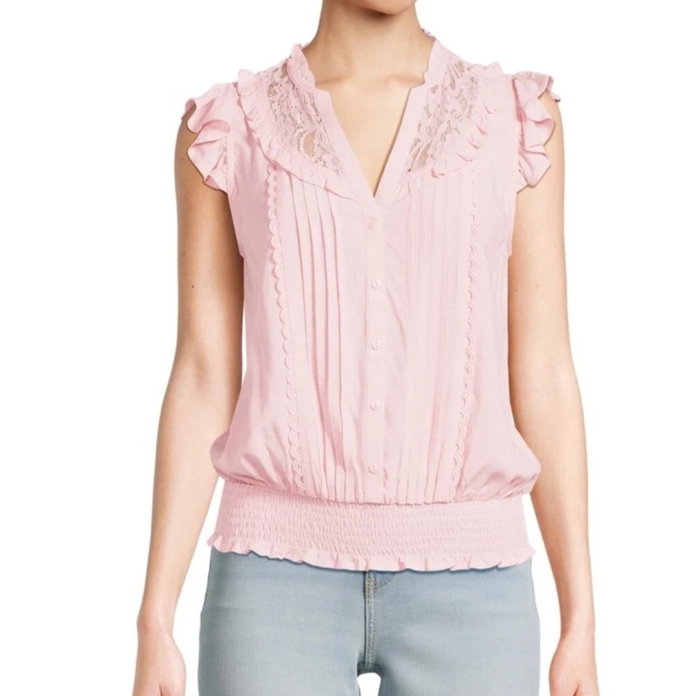No Boundaries Light Pink Ruffle Lace Blouse